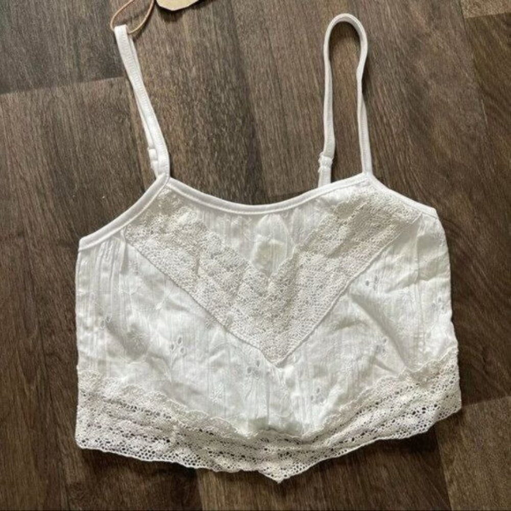 White Spaghetti Strap Asymmetrical Crop Top w/ Crochet Details
